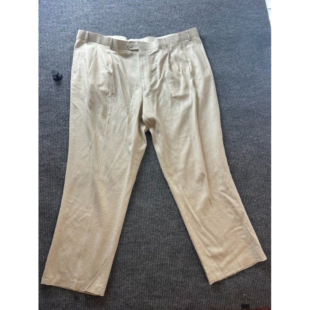 Kings Court Mens 48x38 55% Linen Blend Pants Beige Pleated Front Dress Trousers